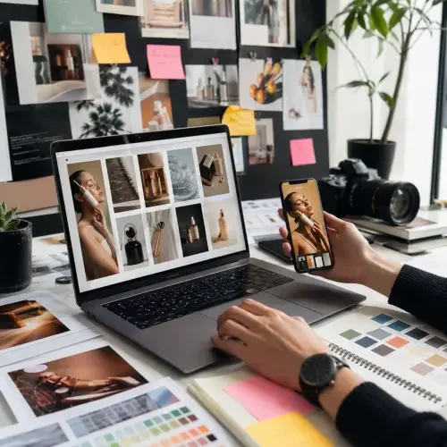 Kreativer Arbeitsplatz mit Bildkonzepten, Content und Werbemitteln.