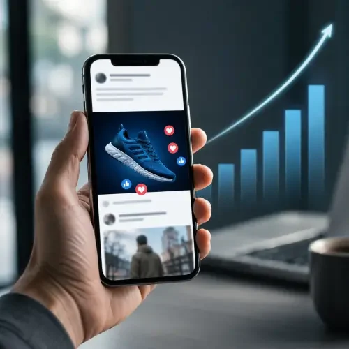 Smartphone mit Social Ad und steigender Aufmerksamkeit im Hintergrund.