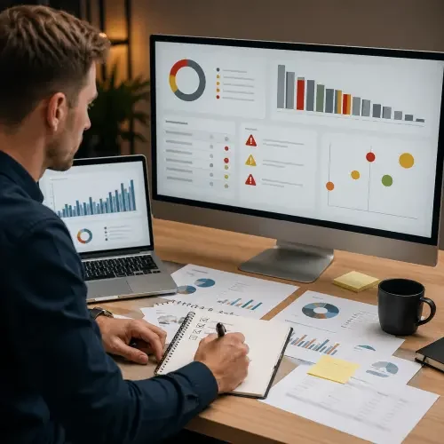 Analyst prüft Kampagnen, Daten und Potenziale am Arbeitsplatz.